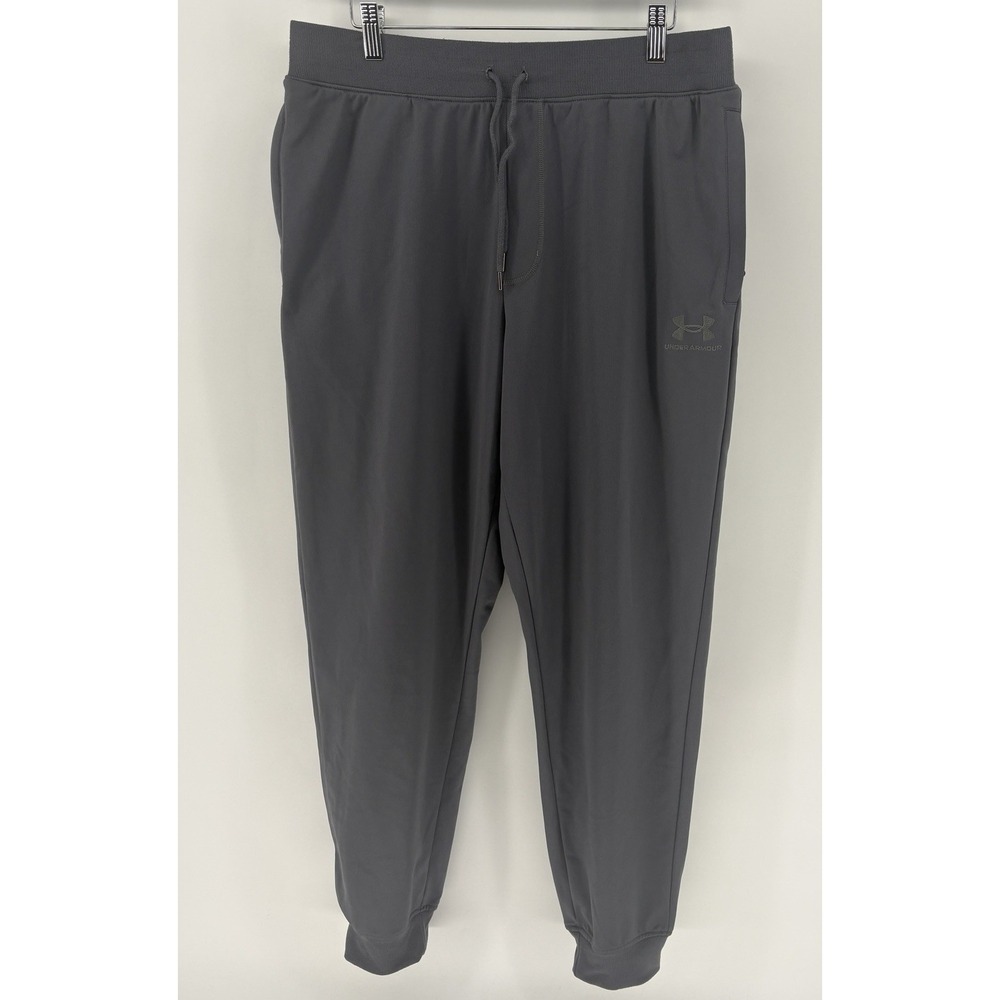 Under Armour Tricot Icon Joggers Men L Gray Tapered Pants Drawstring Gym Stretch